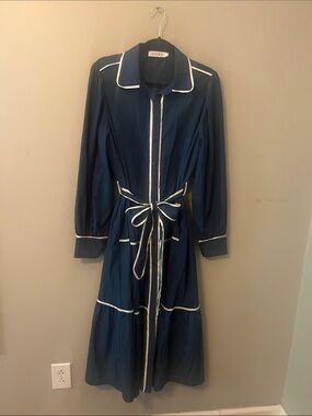Navy Dress with White Trim and Tie Waist